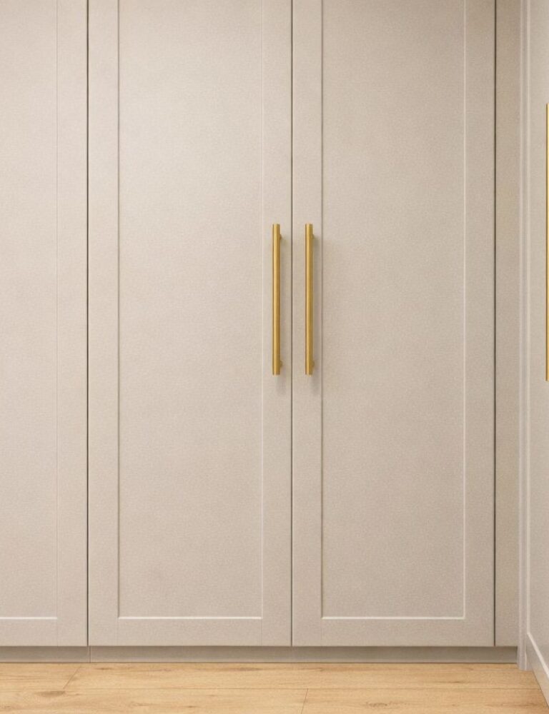 Lysegrå skabslåger med elegante messinggreb i et moderne hjem.
