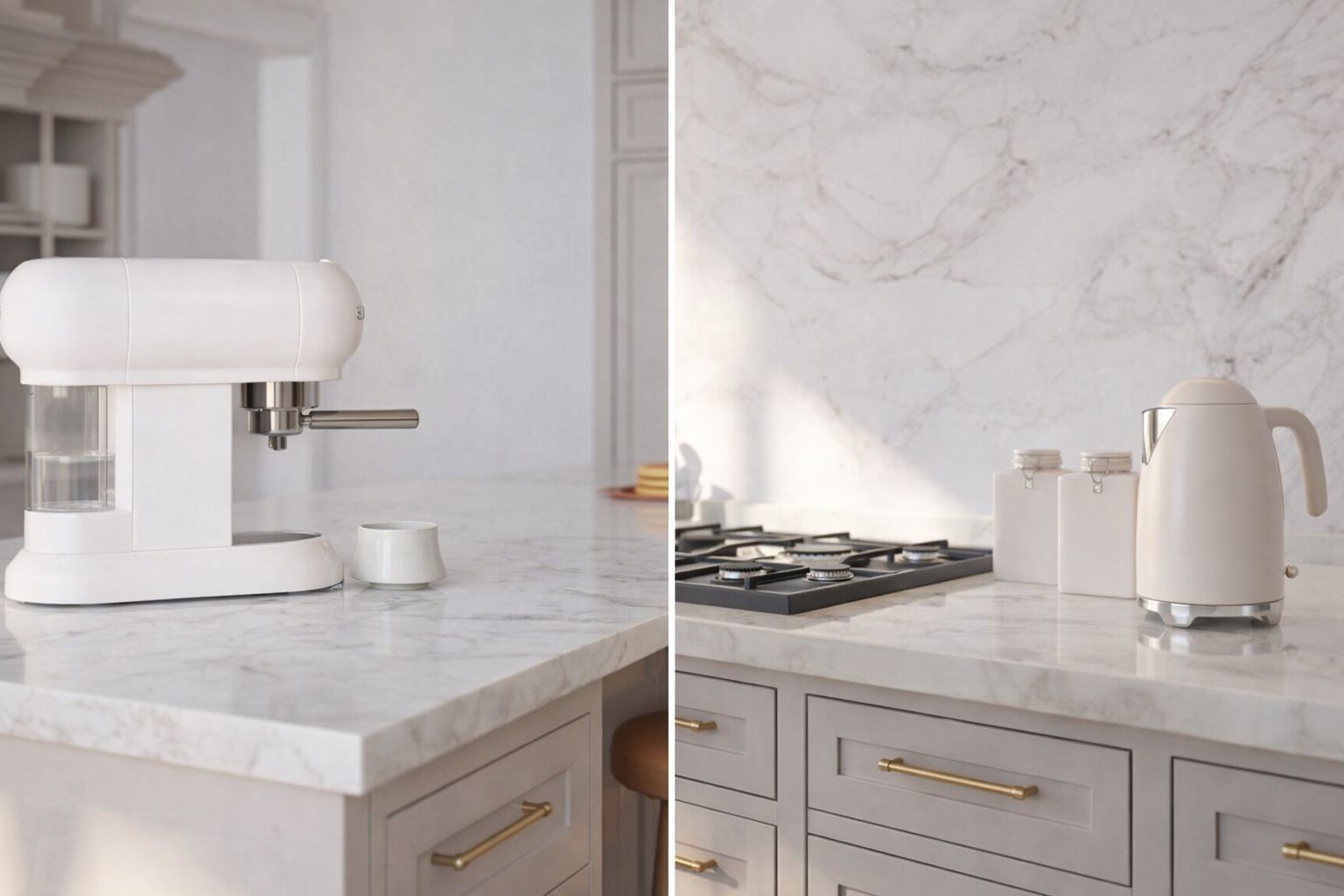 Elegante messing greb på lysegrå køkkenskuffer med marmorbordplade.