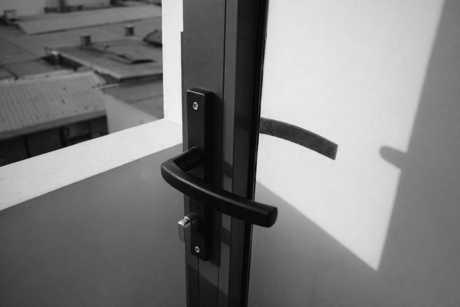 Moderne sort dørgreb monteret på en glasdør med udsigt over tage.