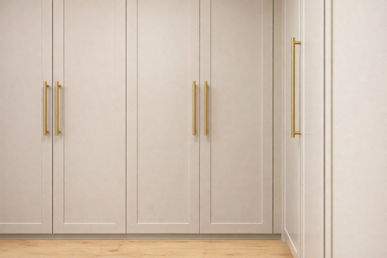 Lysegrå skabslåger med elegante messinggreb i et moderne hjem.