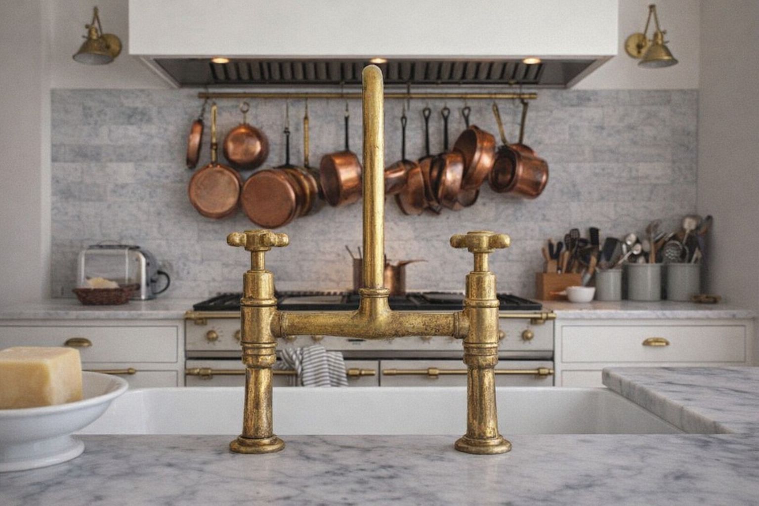 Rustikt messingarmatur med tydelig patina i et klassisk køkken.